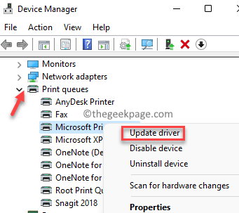 Ierīču pārvaldnieks Drukas rindas Microsoft Print To PDF Ar peles labo pogu noklikšķiniet uz Update Driver Min