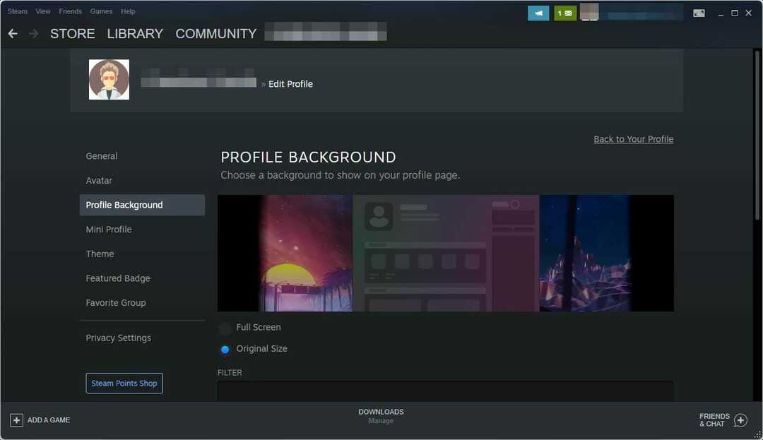 Impostazioni di sfondo del profilo di Steam