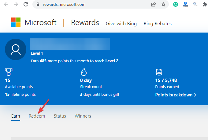 Klicka på fliken Lös in på Microsoft Rewards-sidan