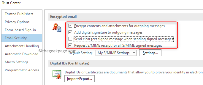 एन्क्रिप्टेड ईमेल आवश्यक सेटिंग्स का चयन करें न्यूनतम