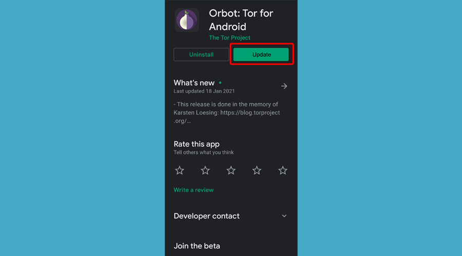 Android viser oppdatering Orbot