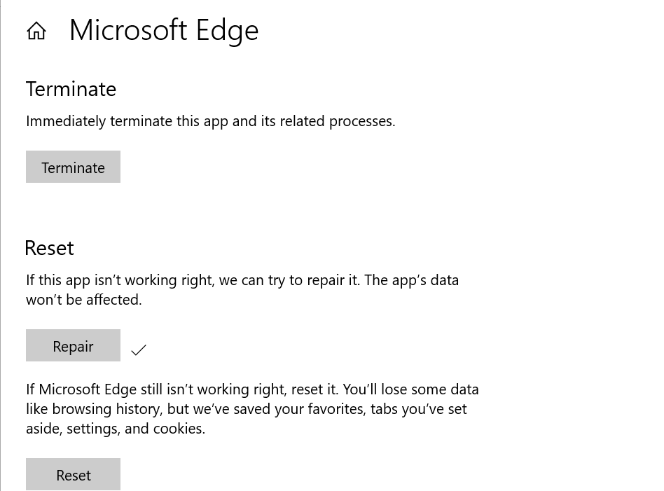 Sıfırla - Sonlandır - Microsoft Edge'i Onar Uzantınızda bir sorun oluştu