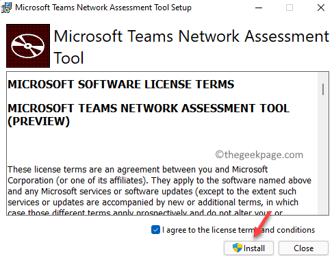 Configurarea instrumentului de evaluare a rețelei Microsoft Teams Sunt de acord cu Termenii licenței Instalare min