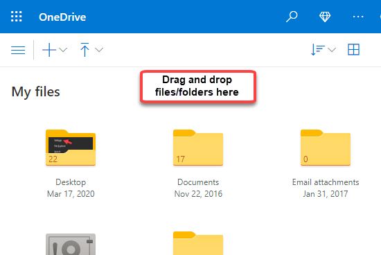 Onedrive Online-Version Drag & Drop von Dateien oder Ordnern