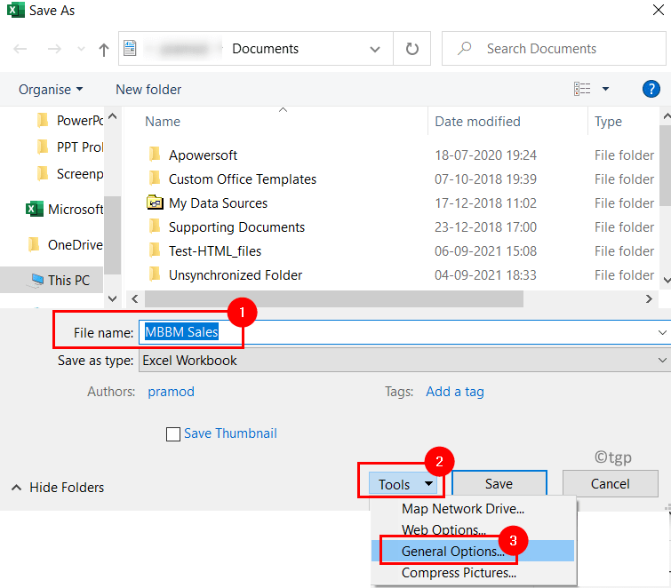 Excel -fil Gem som værktøjer Generelle indstillinger Min