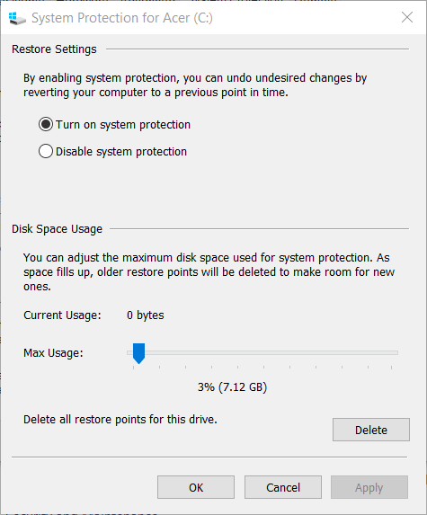 A rendszervédelem ablak 0x81000019 hibakód a Windows 10 rendszeren