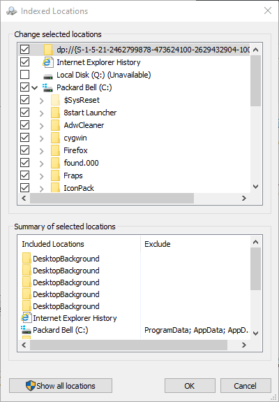 Прозорецът с индексирани местоположения активира Windowssearch забавяне на компютъра
