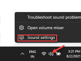 Ícone do alto-falante da barra de tarefas Clique com o botão direito do mouse em Configurações de som