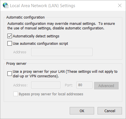 Fenster "Local Area Network (LAN)-Einstellungen" Chrome-Update-Fehler 12 / Chrome-Update fehlgeschlagen Fehler 12 / Google Chrome-Update fehlgeschlagen Fehler 12