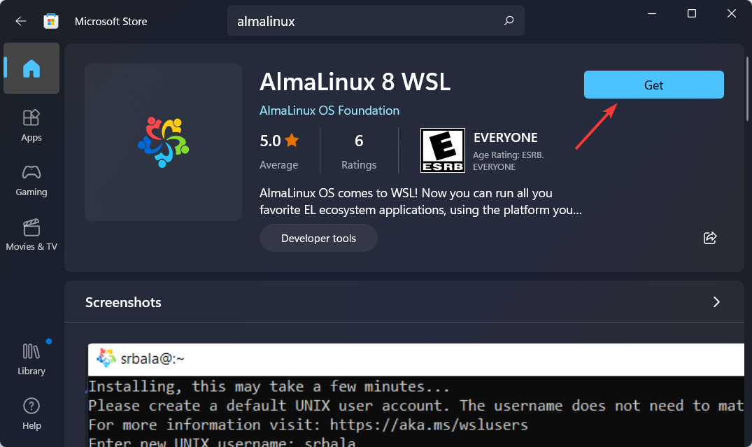 alma-get zainstaluj almalinux Windows 11