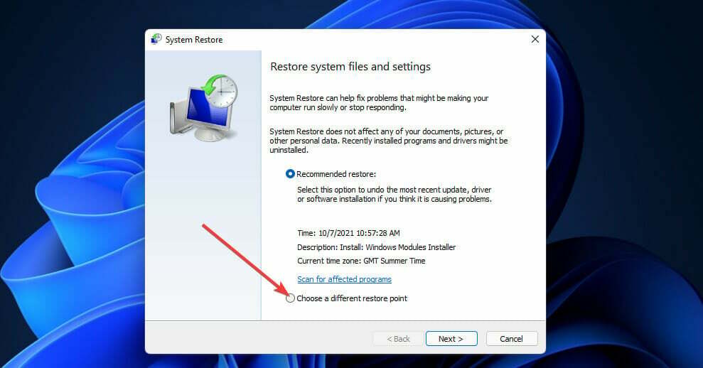Opcija Odaberi drugu točku vraćanja u Windows 11 indeksiranje pretraživanja je isključena