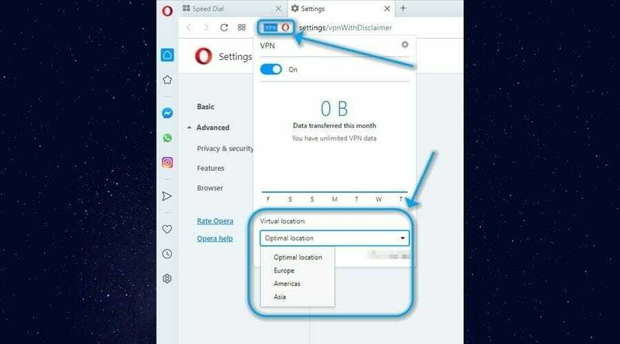 Opera VPN menüsünü kullanma