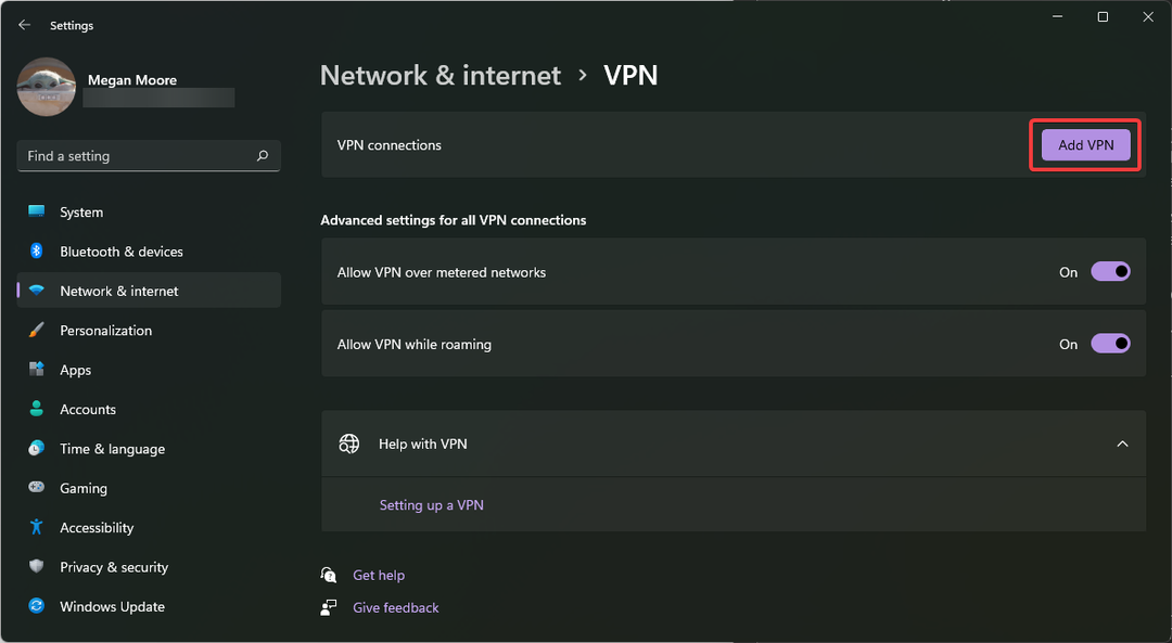 לחץ על הוסף VPN כדי להוסיף GlobalProtect.