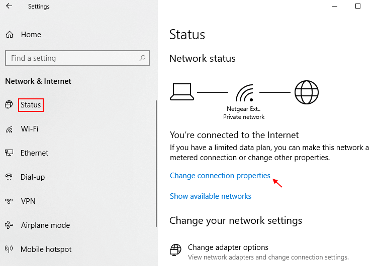 Endre tilkoblingsegenskaper Windows 10 Min