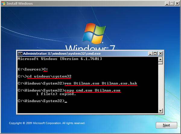 inserisci i comandi per reimpostare la password di Windows 7 senza accedere.