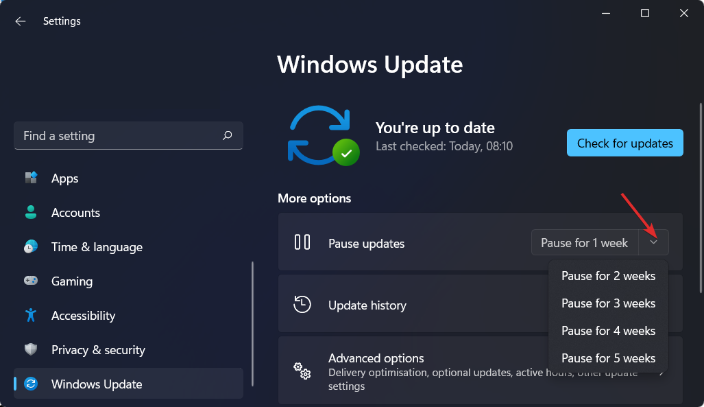 pause-updates napaka windows 11 po posodobitvi