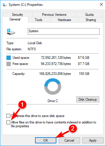 „Windows“ indeksavimas neleidžia disko