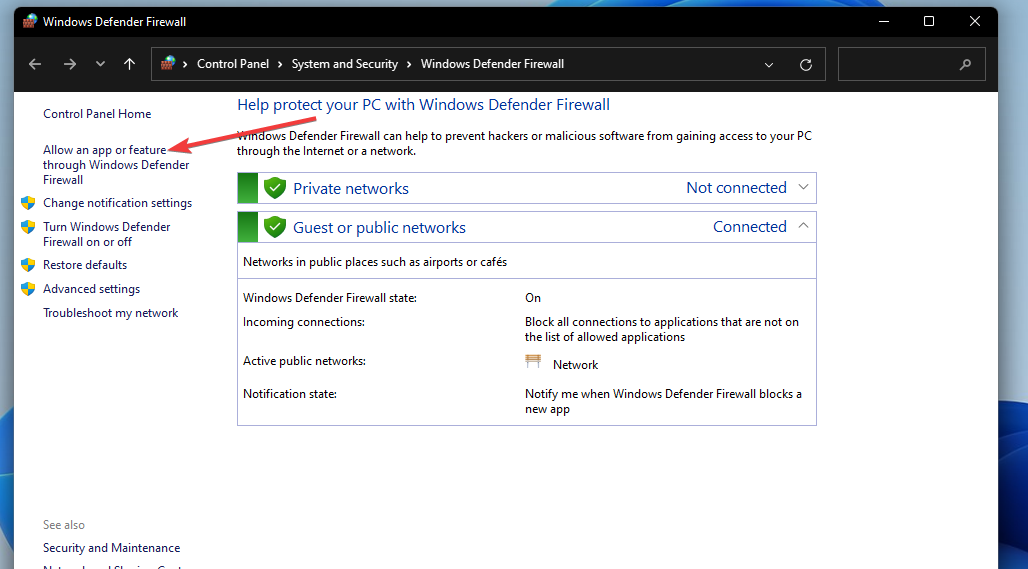 Windows Defender Güvenlik Duvarı seçeneği aracılığıyla bir uygulamaya veya özelliğe izin verin, Windows 11 hatasını önleyin