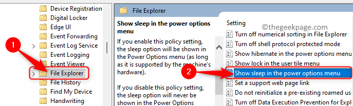 Gpedit File Explorer Afișează opțiunea Sleep în meniul Power Min