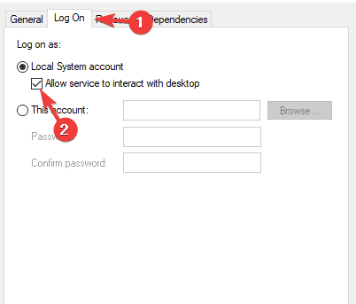 सेवा को डेस्कटॉप के साथ इंटरैक्ट करने की अनुमति दें NVIDIA GeForce अनुभव त्रुटि कोड 0x0001