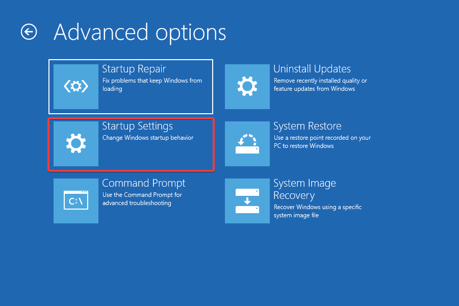 Impostazioni di avvio per ripare Windows 10