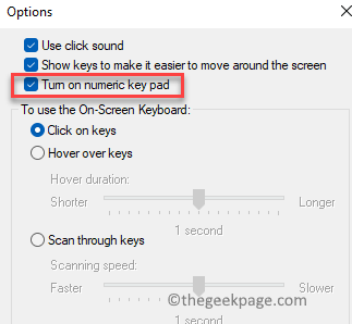 Opções de teclado na tela Ativar teclado numérico Ok