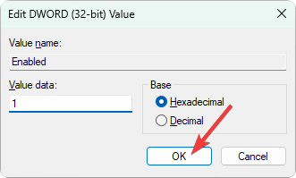 iestatījuma vērtību 1 un noklikšķinot uz Labi dword 32 bitu Windows reģistra
