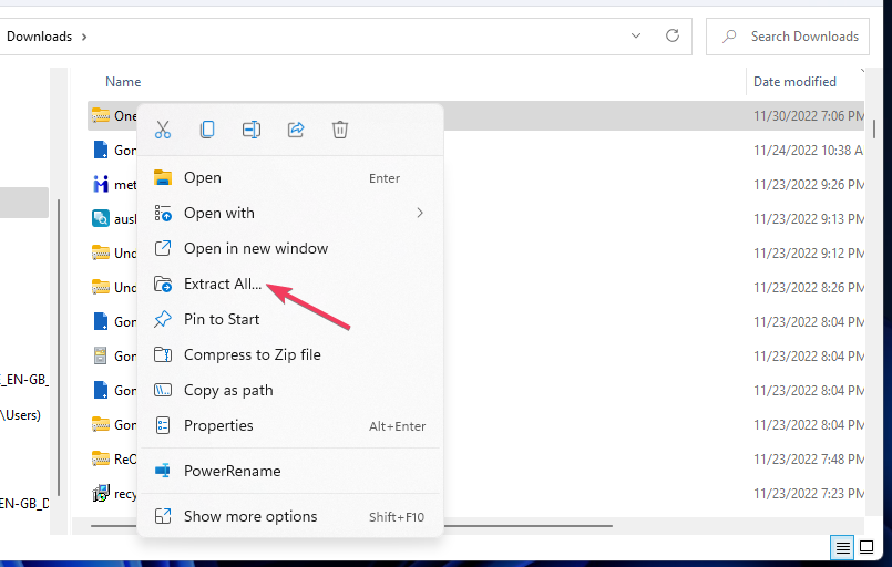 Extraire tout, option, changement de lettre de lecteur Windows 11