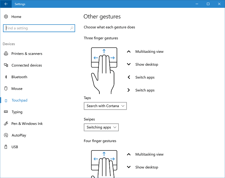 opções de gestos do touchpad Windows 10