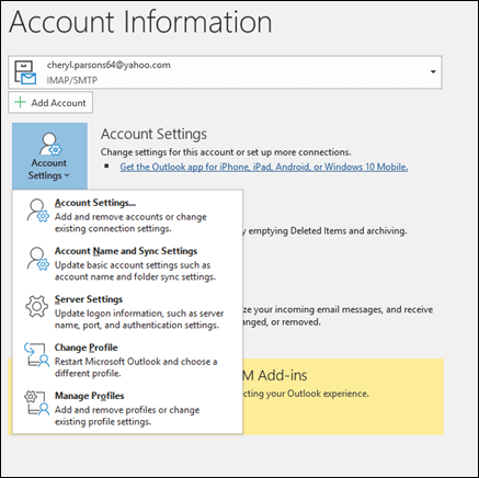 Tiliasetukset-painike Outlookin virhe 0x8004210A Windowsissa