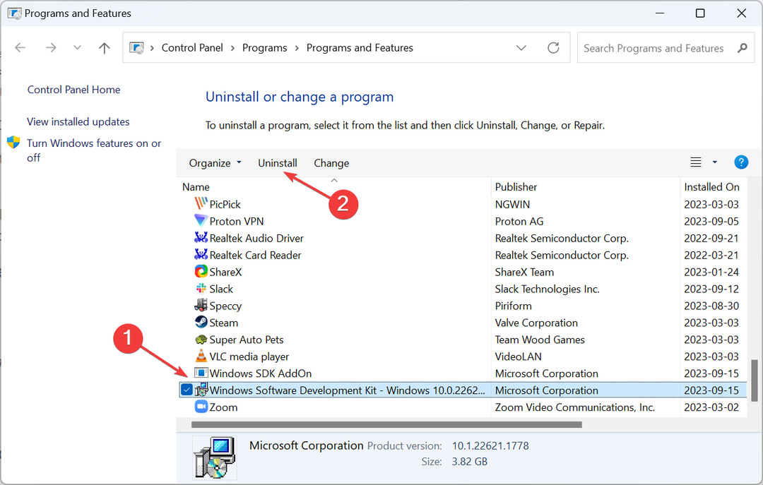 odstranitev kompleta za razvoj programske opreme Windows