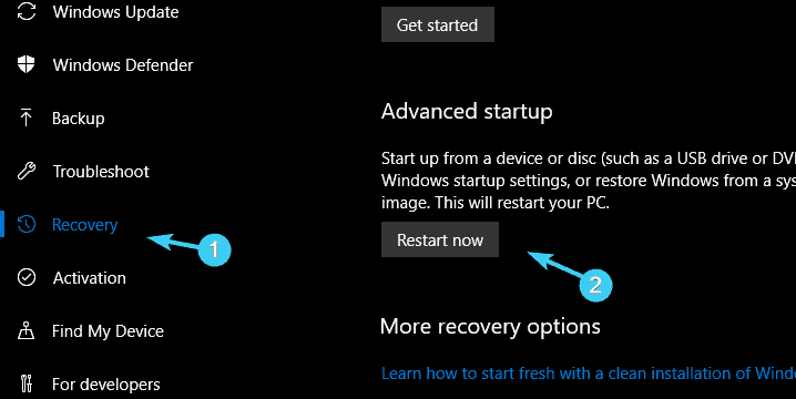 разширено стартиране на Windows 10