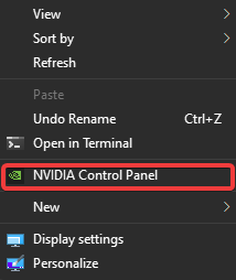 Option de panneau de contrôle de Nvidia