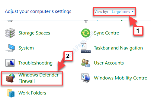 Juhtpaneeli kodu vaade suurte ikoonide abil Windows Defenderi tulemüür