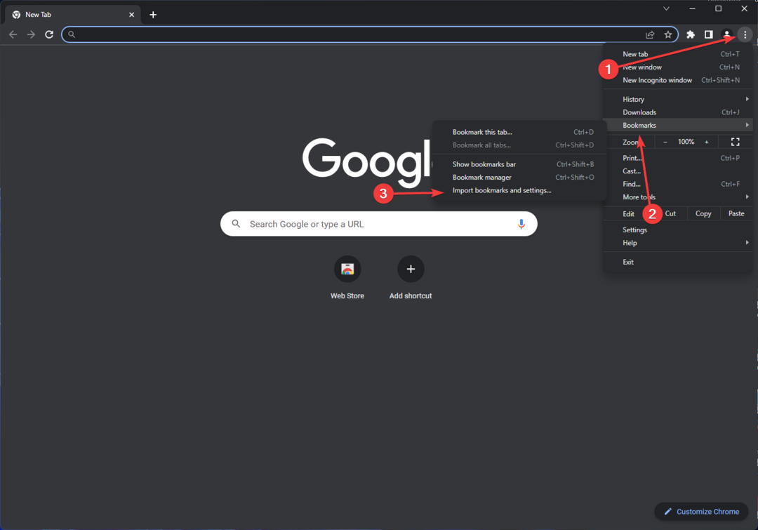 Option d'importation de favoris de Google Chrome dans l'onglet Plus