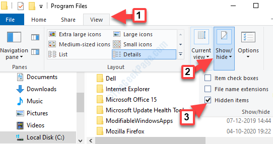 File Explorer cilnes skats Rādīt vai paslēpt slēpto vienumu pārbaudi