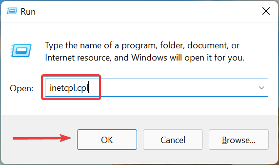 inetcpl.cpl, et parandada Windows 11 blokeerivaid veebisaite