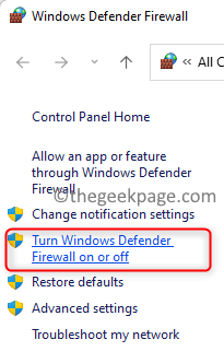 Cortafuegos de Windows Defender Seleccione Activar o desactivar Mín.