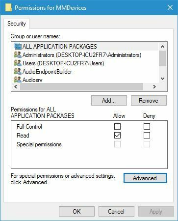 MMD įrenginių leidimai Garso įrenginys išjungtas sistemoje „Windows 10“ 