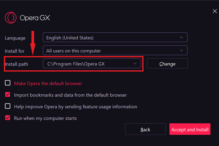 Não é possível baixar o caminho de instalação do Opera GX