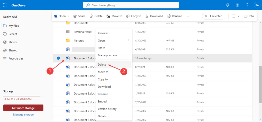 brisanje dokumentov in datotek v Microsoft 365 OneDrive