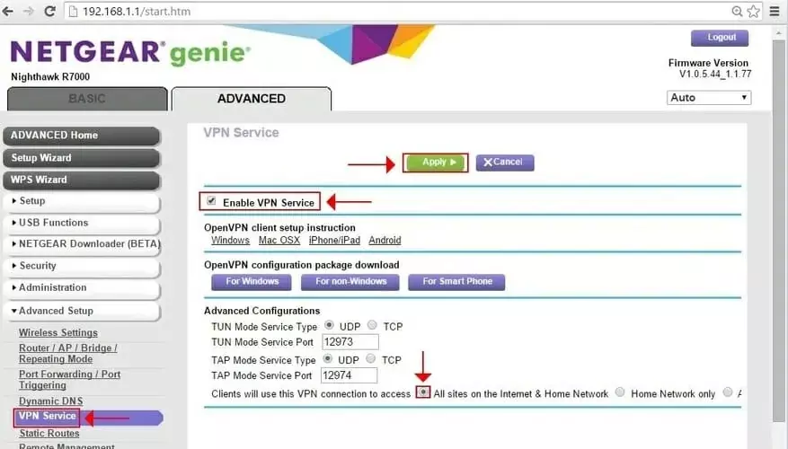 включить службу VPN на маршрутизаторе Netgear