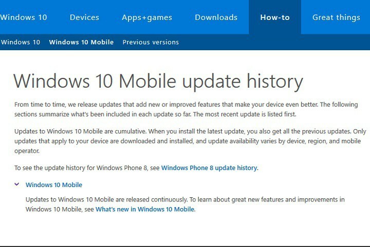 Microsoft lanza la página del historial de actualizaciones para Windows 10 Mobile