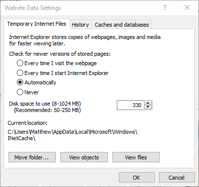 Espaço em disco para usar a caixa do Internet Explorer não mantendo histórico
