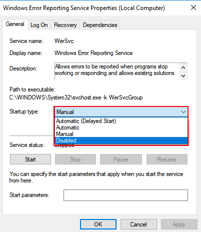 起動無効Windowsエラー報告サービス