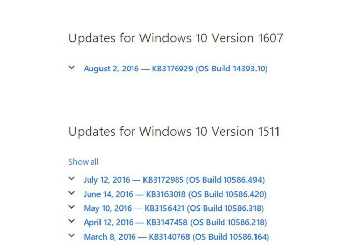 Windows 10 업데이트 기록이 버전 1607을 표시하도록 업데이트되었습니다.
