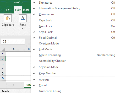 Лентата на състоянието на MS Excel щракнете с десния бутон на бутона за превъртане Отмени