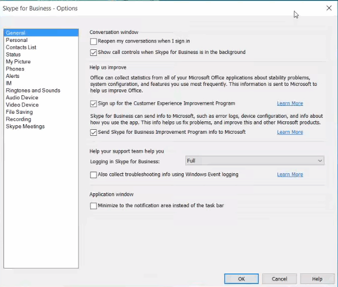 หน้าต่างตัวเลือกของ Skype for Business skype จะแสดงวิธีพร้อมใช้งานตลอดเวลา