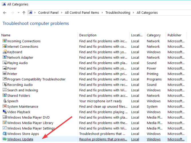 WindowsUpdateのトラブルシューティングコントロールパネル