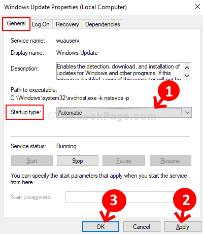 WindowsUpdateのプロパティ一般的な起動の種類自動適用OK